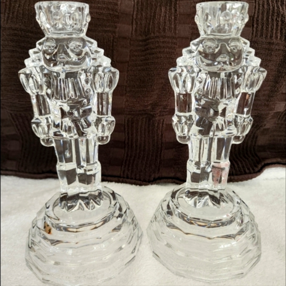 Clear Glass Nutcracker Candlestick Holders - Pair